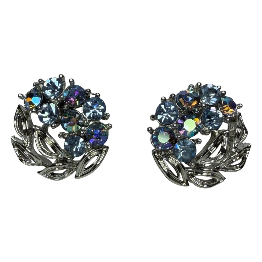 Lisner Earrings AB Rhinestone Silver Tone Blue Vintage Screw Back Cluster Leaf